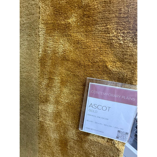 Ascot Modern Plain Hand-Woven Wool Centred Loop Pile Metallic Shimmer Wide Viscose Border Golden Ochre/Antique Gold Rug