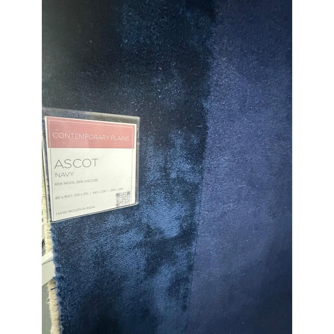 Ascot Modern Plain Hand-Woven Wool Centred Loop Pile Metallic Shimmer Wide Viscose Border Deep Navy Blue/Midnight Blue Rug