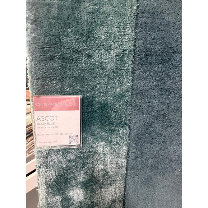 Ascot Modern Plain Hand-Woven Wool Centred Loop Pile Metallic Shimmer Wide Edged Viscose Border Teal Blue/Aqua Blue Rug