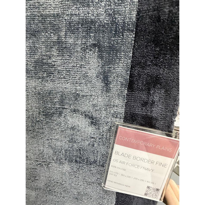 Blade Slim Border Modern Plain Distressed Tonal Metallic Shimmer Hand-Woven Soft Textured Tip Sheared Loop Pile Silky Viscose Flatweave Airforce Blue/Navy Border Rug