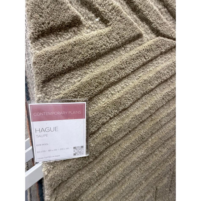 Hague Modern Plain Geometric Hand-Carved Hi-Low 3D Ridged Cut & Loop Pile Textured Wool Taupe Rug