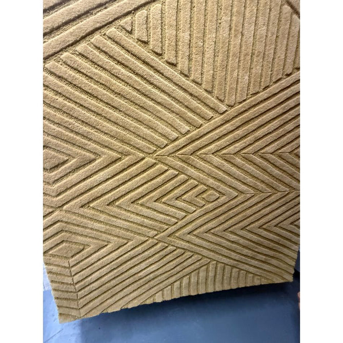 Hague Modern Plain Geometric Hand-Carved Hi-Low 3D Ridged Cut & Loop Pile Textured Wool Ochre Rug
