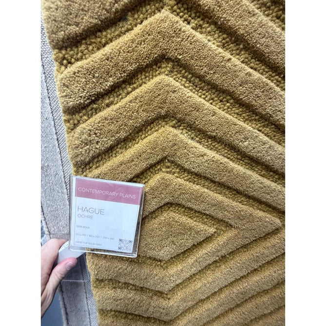Hague Modern Plain Geometric Hand-Carved Hi-Low 3D Ridged Cut & Loop Pile Textured Wool Ochre Rug