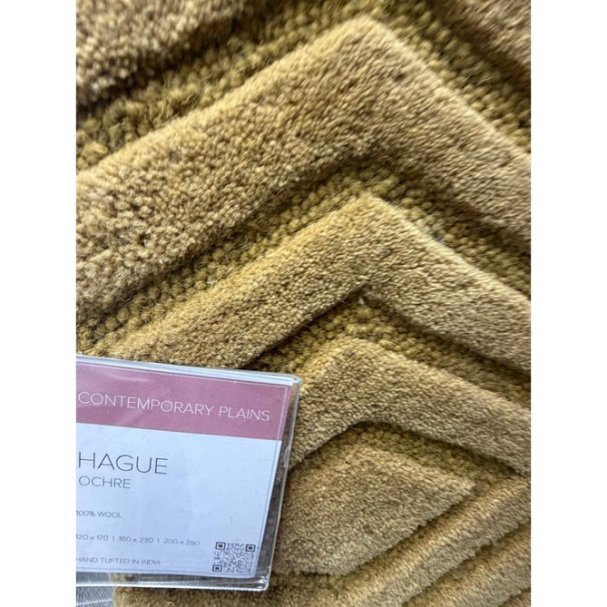 Hague Modern Plain Geometric Hand-Carved Hi-Low 3D Ridged Cut & Loop Pile Textured Wool Ochre Rug