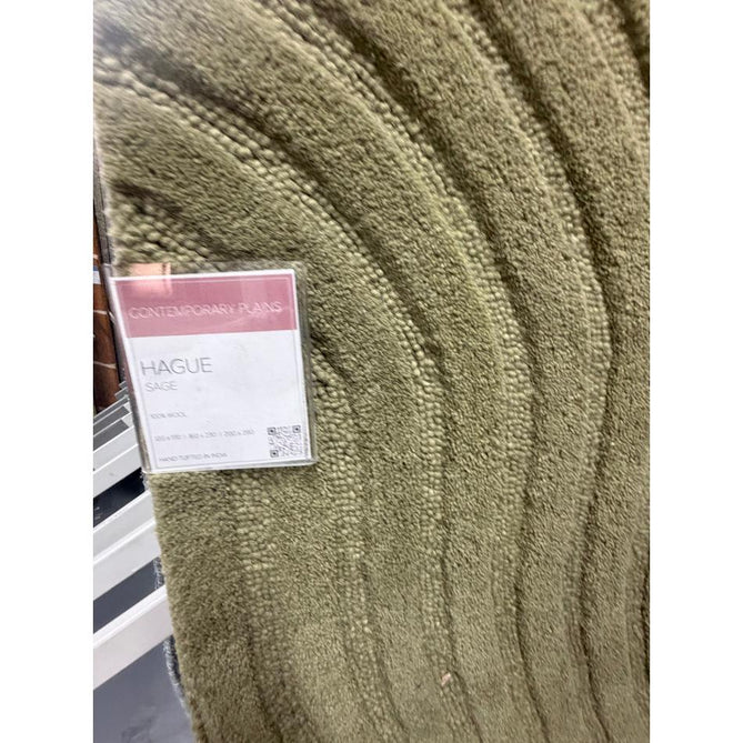 Hague Modern Plain Geometric Hand-Carved Hi-Low 3D Ridged Cut & Loop Pile Textured Wool Sage Rug