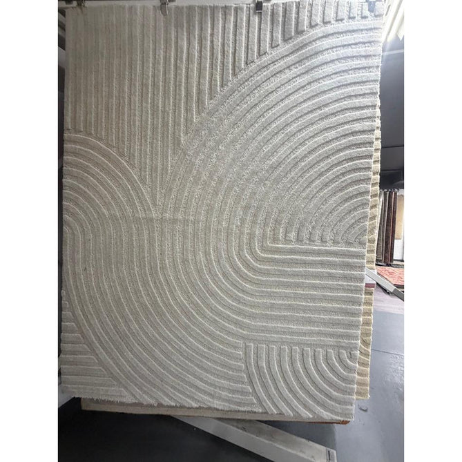 Hague Modern Plain Geometric Hand-Carved Hi-Low 3D Ridged Cut & Loop Pile Textured Wool Stone Grey Rug