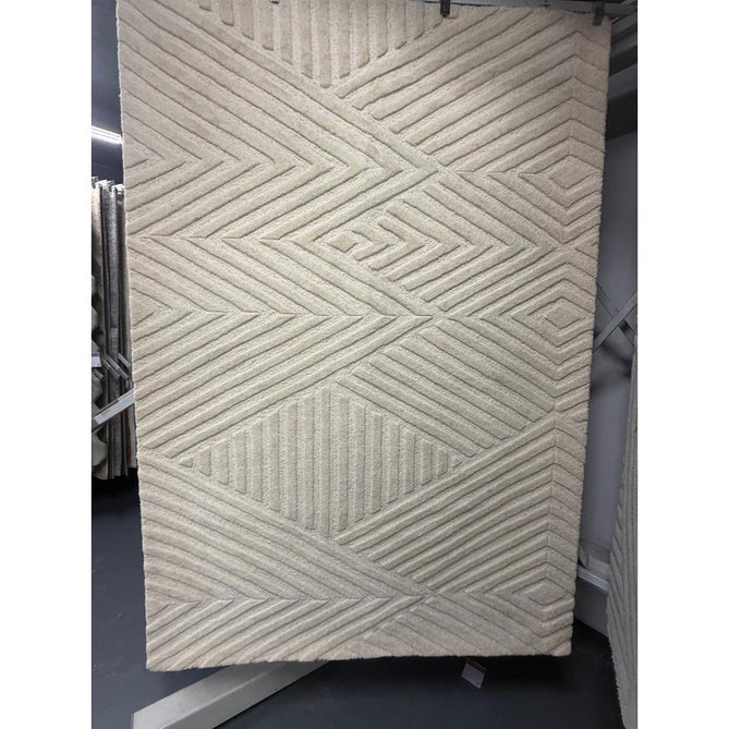 Hague Modern Plain Geometric Hand-Carved Hi-Low 3D Ridged Cut & Loop Pile Textured Wool Ivory Rug