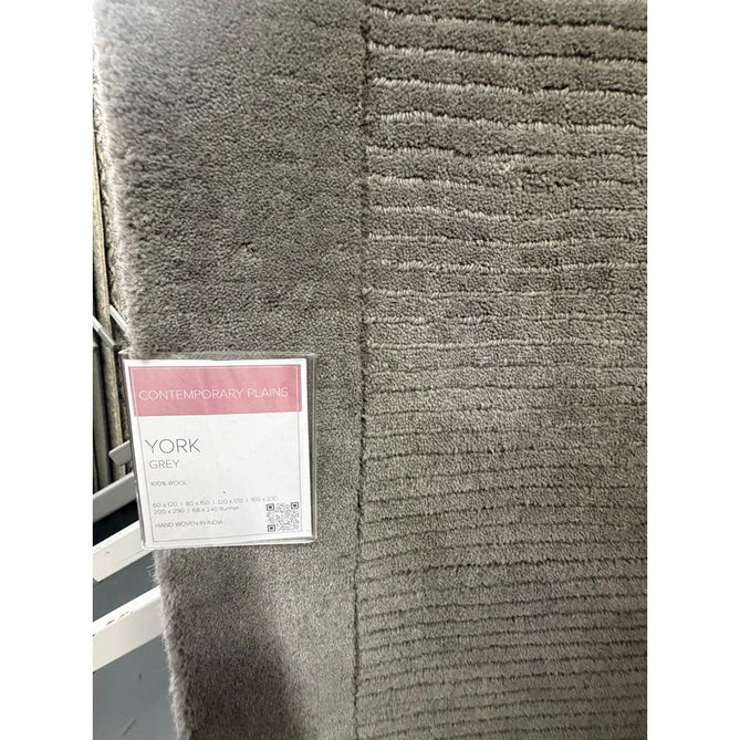 York Modern Plain Textured Subtle Ribbed Stripe Contrasting Smooth Border Handwoven Wool Loop Pile Mid Grey Runner