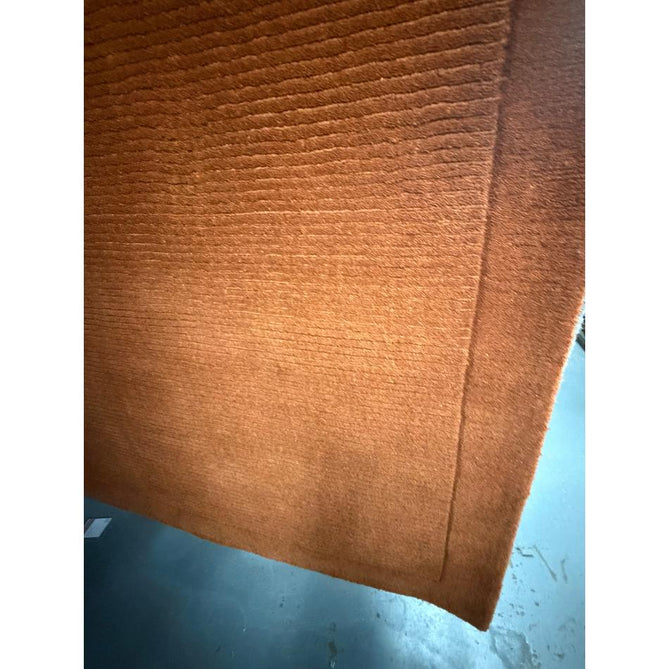 York Modern Plain Textured Subtle Ribbed Stripe Contrasting Smooth Border Handwoven Wool Loop Pile Burnt Terracotta Rug