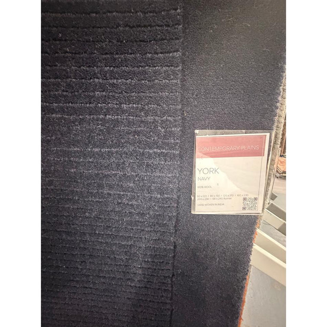 York Modern Plain Textured Subtle Ribbed Stripe Contrasting Smooth Border Handwoven Wool Loop Pile Deep Midnight Navy Rug