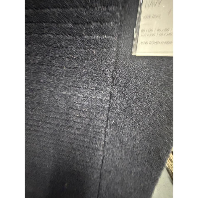 York Modern Plain Textured Subtle Ribbed Stripe Contrasting Smooth Border Handwoven Wool Loop Pile Deep Midnight Navy Rug
