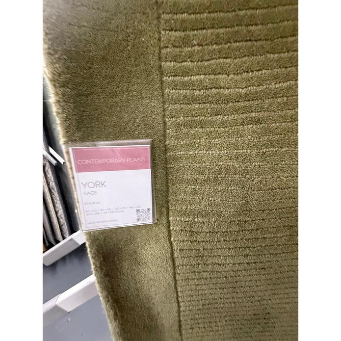York Modern Plain Textured Subtle Ribbed Stripe Contrasting Smooth Border Handwoven Wool Loop Pile Muted Sage Rug