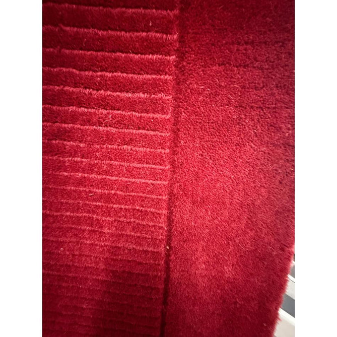 York Modern Plain Textured Subtle Ribbed Stripe Contrasting Smooth Border Handwoven Wool Loop Pile Poppy Red Rug