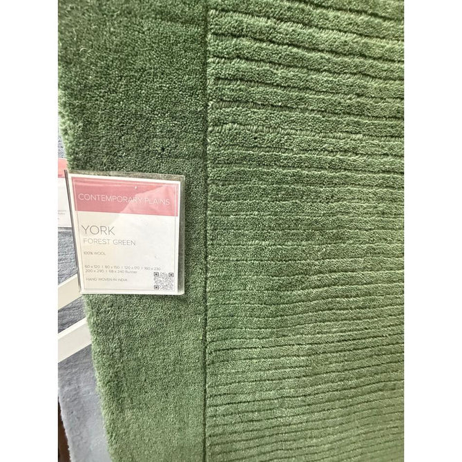 York Modern Plain Textured Subtle Ribbed Stripe Contrasting Smooth Border Handwoven Wool Loop Pile Forest Green Rug