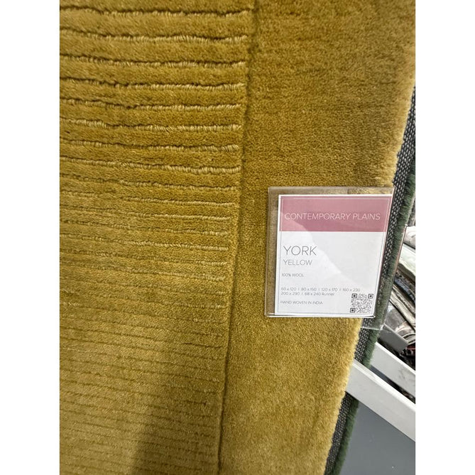 York Modern Plain Textured Subtle Ribbed Stripe Contrasting Smooth Border Handwoven Wool Loop Pile Mustard Gold Rug