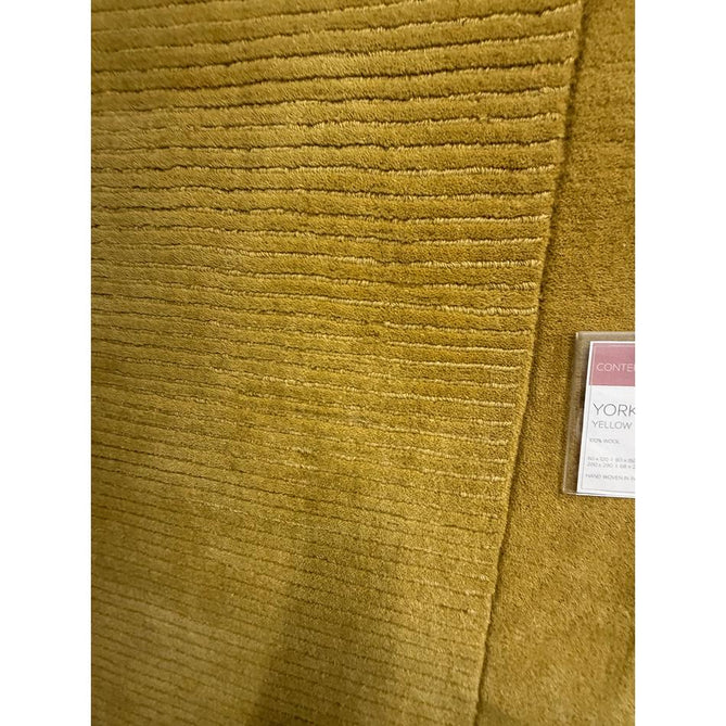 York Modern Plain Textured Subtle Ribbed Stripe Contrasting Smooth Border Handwoven Wool Loop Pile Mustard Gold Rug