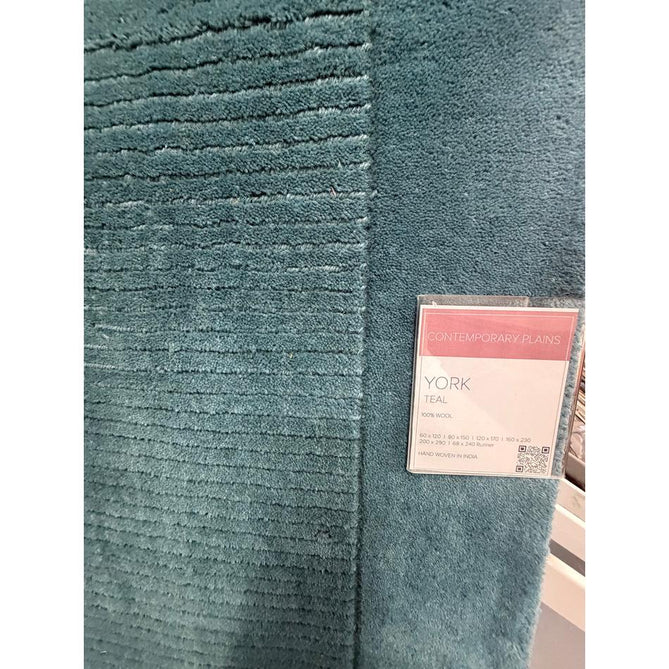 York Modern Plain Textured Subtle Ribbed Stripe Contrasting Smooth Border Handwoven Wool Loop Pile Deep Teal Rug