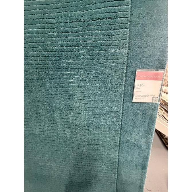 York Modern Plain Textured Subtle Ribbed Stripe Contrasting Smooth Border Handwoven Wool Loop Pile Deep Teal Rug