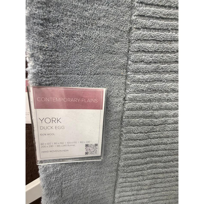 York Modern Plain Textured Subtle Ribbed Stripe Contrasting Smooth Border Handwoven Wool Loop Pile Pale Duck Egg Blue Rug