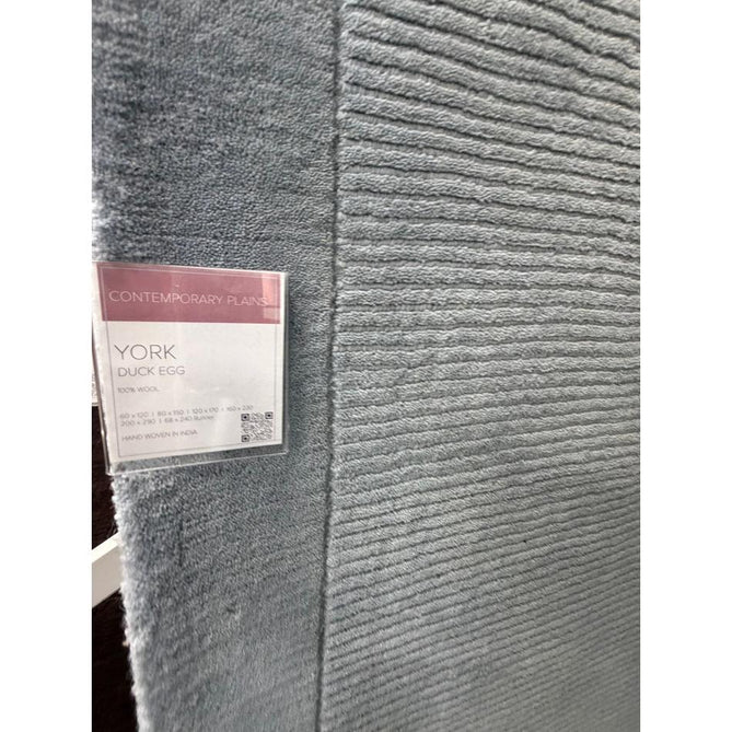 York Modern Plain Textured Subtle Ribbed Stripe Contrasting Smooth Border Handwoven Wool Loop Pile Pale Duck Egg Blue Rug