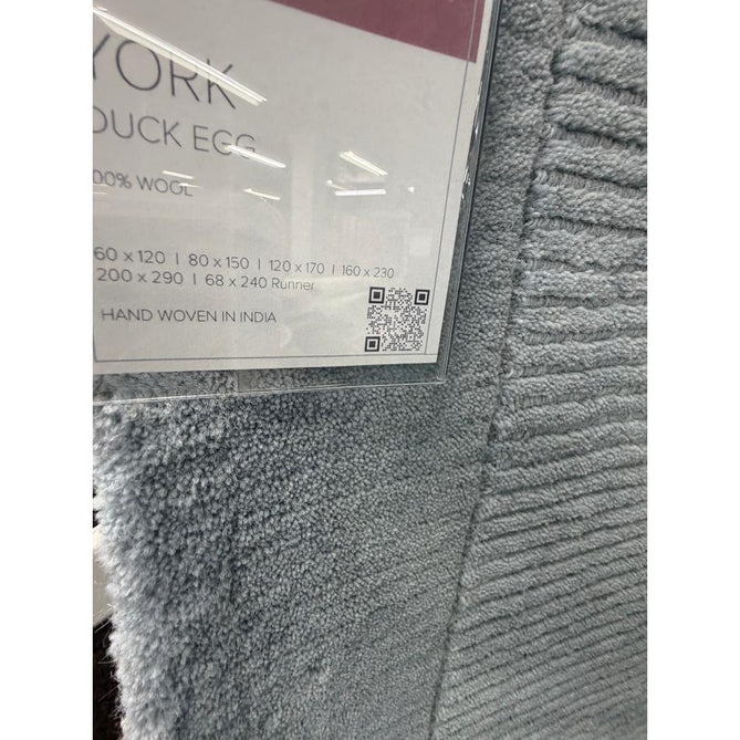 York Modern Plain Textured Subtle Ribbed Stripe Contrasting Smooth Border Handwoven Wool Loop Pile Pale Duck Egg Blue Rug