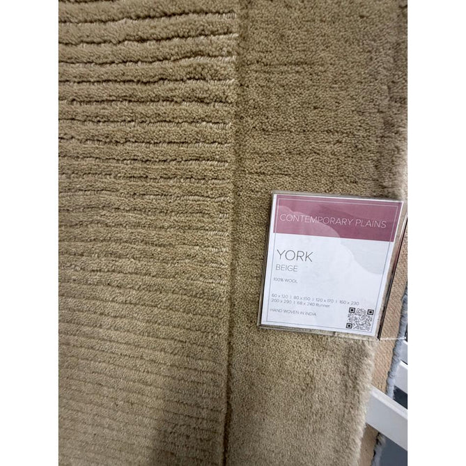 York Modern Plain Textured Subtle Ribbed Stripe Contrasting Smooth Border Handwoven Wool Loop Pile Warm Beige Rug