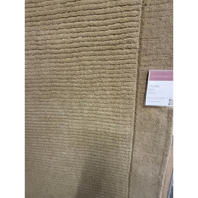 York Modern Plain Textured Subtle Ribbed Stripe Contrasting Smooth Border Handwoven Wool Loop Pile Warm Beige Rug