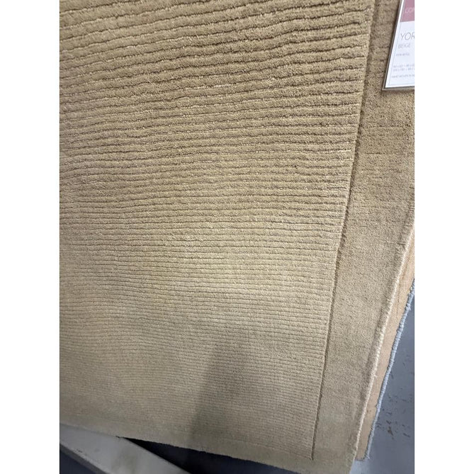 York Modern Plain Textured Subtle Ribbed Stripe Contrasting Smooth Border Handwoven Wool Loop Pile Warm Beige Runner