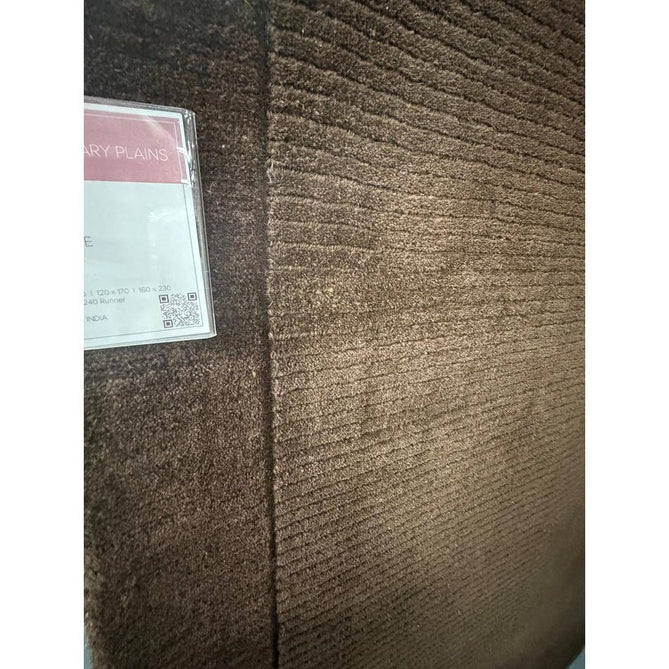 York Modern Plain Textured Subtle Ribbed Stripe Contrasting Smooth Border Handwoven Wool Loop Pile Deep Chocolate Brown Rug