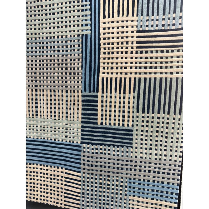 Aspect Modern Geometric Basketweave Hand-Woven High-Density Heavyweight Space-Dyed Textured Hi-Low Wool Blue/Multicolour Rug