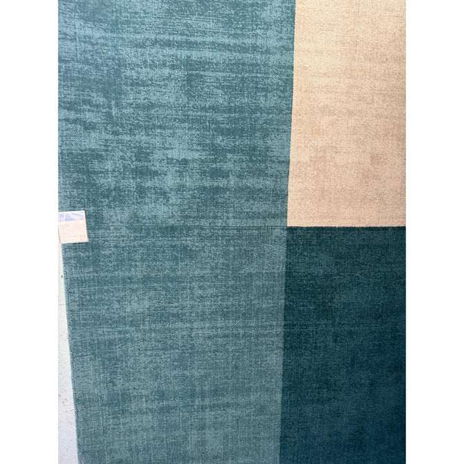 Blox Modern Plain Geometric Colour Block Hand-Woven Textured Low Profile Sheared Wool Loop Pile Teal/Grey Rug