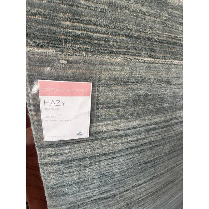Hazy Modern Plain Ribbed Distressed Textured Hand-Woven Durable Cut & Loop Wool-Blend Flatweave Sea Blue Rug
