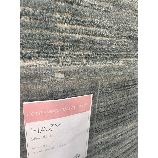 Hazy Modern Plain Ribbed Distressed Textured Hand-Woven Durable Cut & Loop Wool-Blend Flatweave Sea Blue Rug