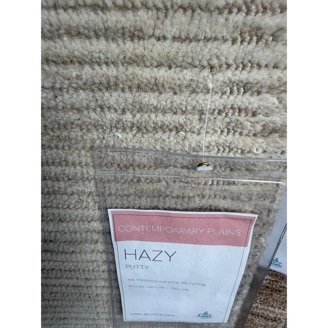 Hazy Modern Plain Ribbed Distressed Textured Hand-Woven Durable Cut & Loop Wool-Blend Flatweave Putty Rug