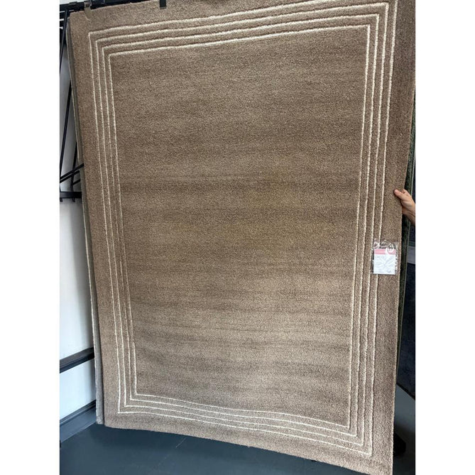 Orlo Modern Plain Tonal Variation Hand-Carved Hi-Lo Loop Pile Border Natural Undyed Wool Warm Cocoa Rug