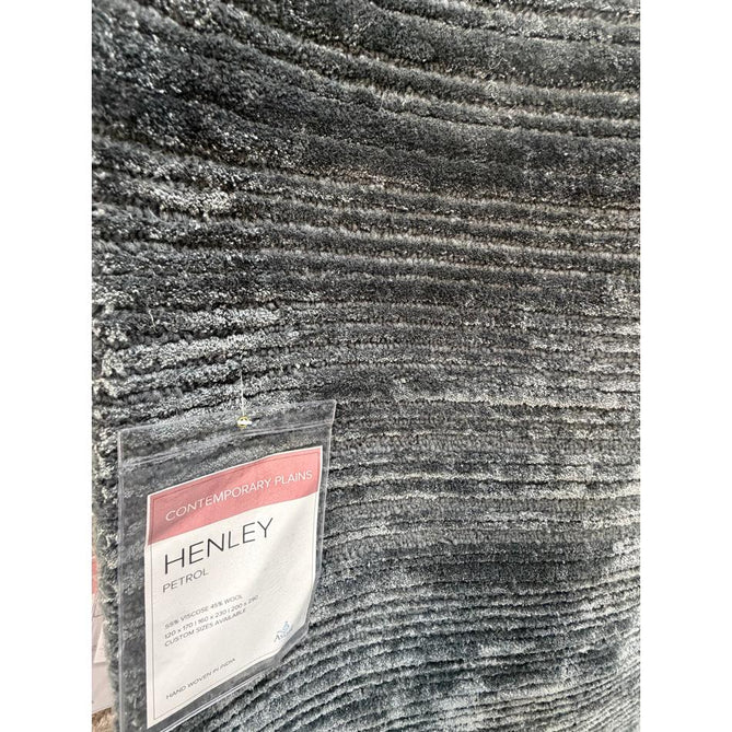 Henley Modern Plain Subtle Irregular Lines Metallic Shimmer Hand-Woven Textured Hi-Low Loop Pile Wool&Viscose Blend Petrol Blue Rug