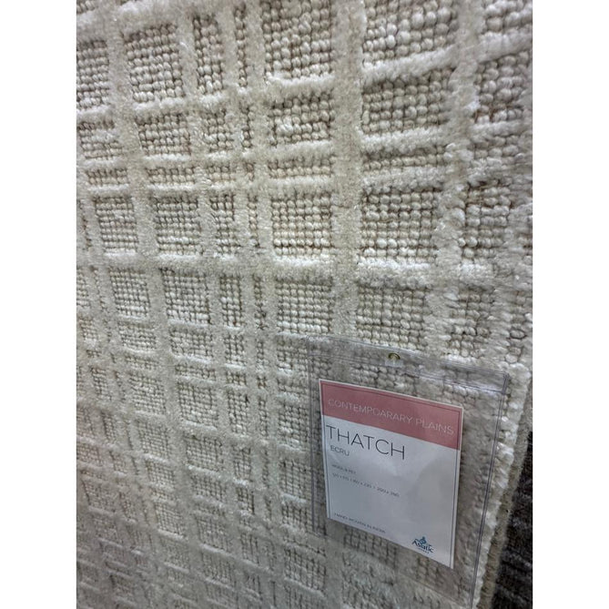Thatch Modern Plain Geometric Grid Hand-Woven Textured Hi-Lo Ribbed Loop Pile Low-Profile Wool-Blend Ecru Ivory Rug