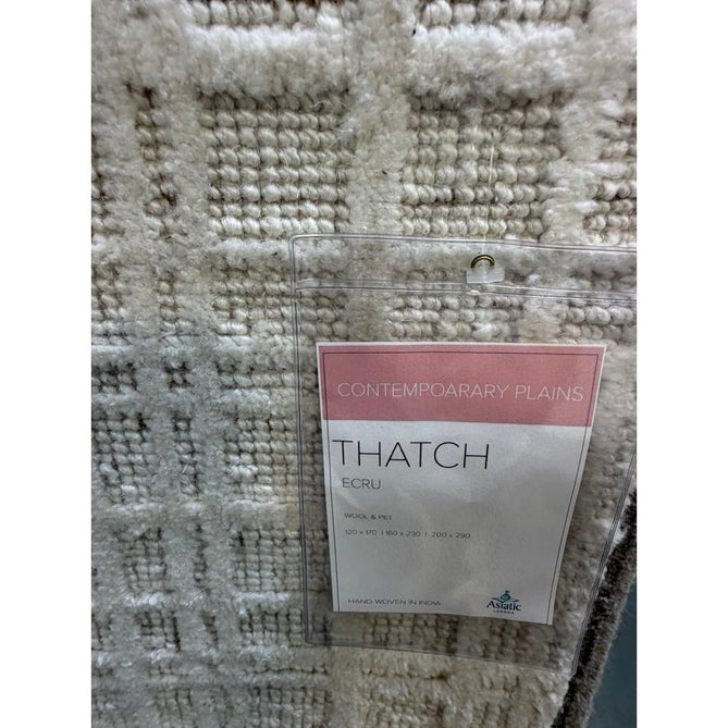 Thatch Modern Plain Geometric Grid Hand-Woven Textured Hi-Lo Ribbed Loop Pile Low-Profile Wool-Blend Ecru Ivory Rug