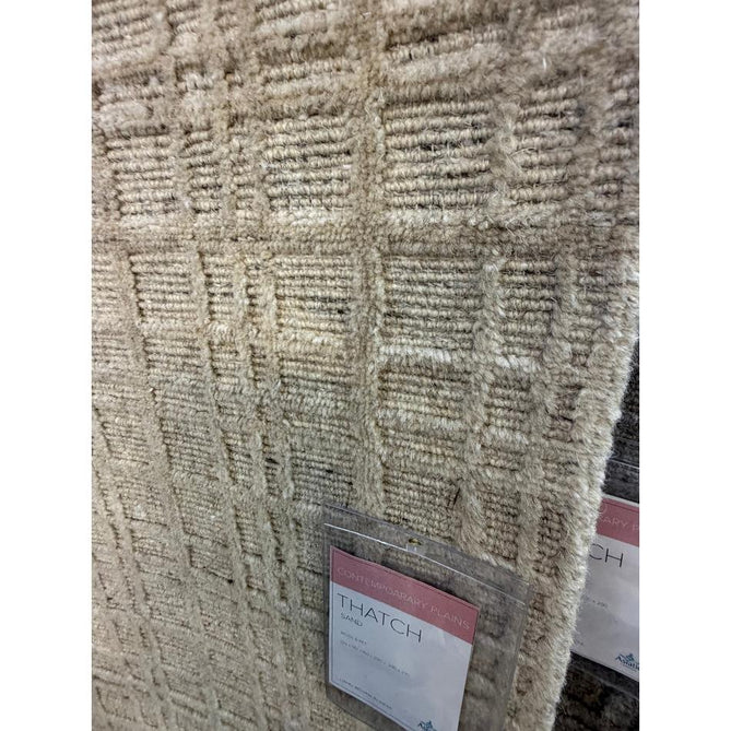 Thatch Modern Plain Geometric Grid Hand-Woven Textured Hi-Lo Ribbed Loop Pile Low-Profile Wool-Blend Sand Beige Rug