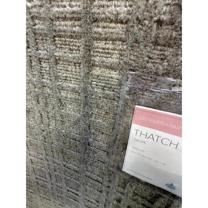 Thatch Modern Plain Geometric Grid Hand-Woven Textured Hi-Lo Ribbed Loop Pile Low-Profile Wool-Blend Taupe Stone Rug