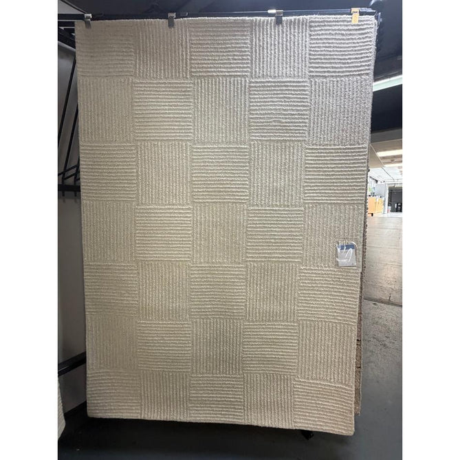 Zennith Modern Plain Subtle Geometric Grid Hand-Woven Hi-Lo Textured Boucle Low Profile Wool Loop Pile Cream Rug