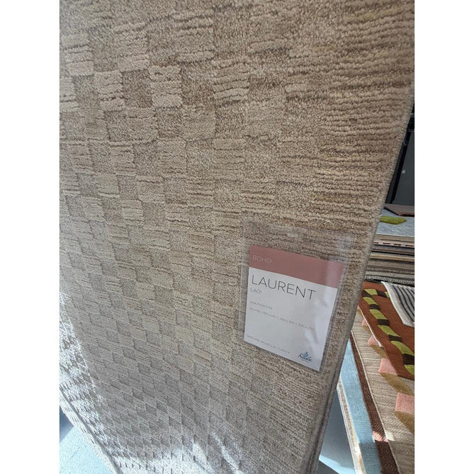 Laurent LA01 Modern Plain Distressed Tonal Space-Dyed Shimmer Subtle Geometric Checker Textured Soft-Touch Durable Fine Yarn Polyester Low Profile Dense Short Pile Fringe Warm Beige/Golden Sand Rug