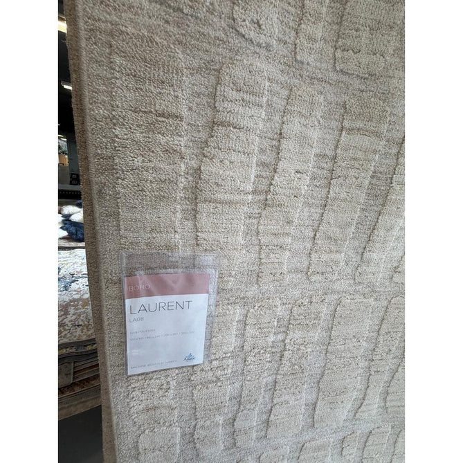 Laurent LA08 Modern Plain Distressed Tonal Space-Dyed Shimmer Abstract Subtle Rectangular Grid Textured Soft-Touch Durable Fine Yarn Polyester Low Profile Dense Short Pile Fringe Warm Beige/Cream Rug