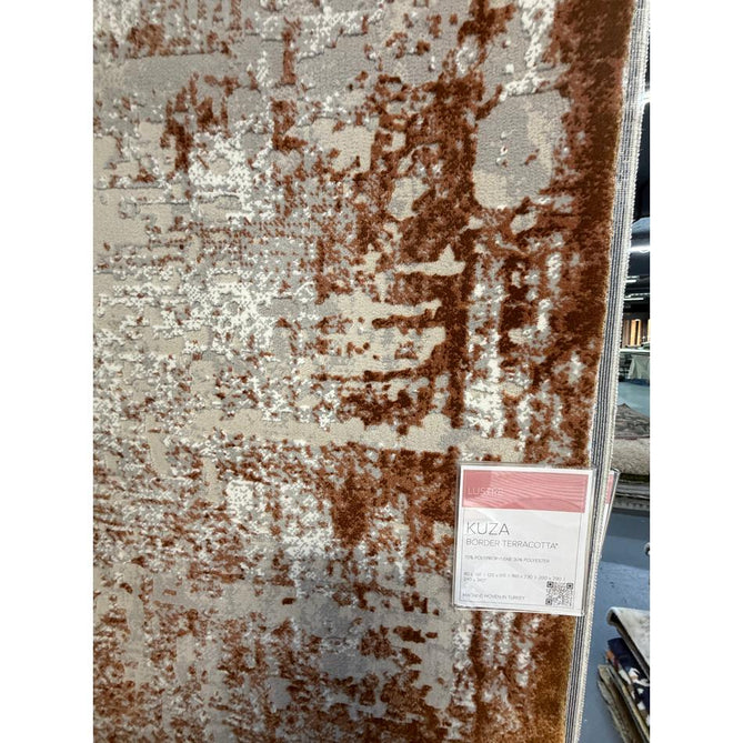 Kuza Border Modern Abstract Distressed Shimmer Hi-Lo Textured Soft Velvety Touch High-Density Durable Easy-Care Short Pile Terracotta/Light Grey/Cream Runner