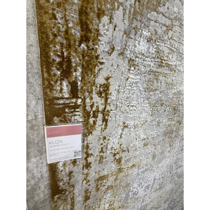 Kuza Border Modern Abstract Distressed Shimmer Hi-Lo Textured Soft Velvety Touch High-Density Durable Easy-Care Short Pile Gold/Light Grey/Cream Runner