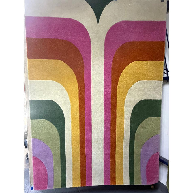 Romy 01 Retro Modern Symmetrical Arches Hand-Woven Soft Wool-Feel Eco Fibre Rainbow Pink/Multicolour Rug