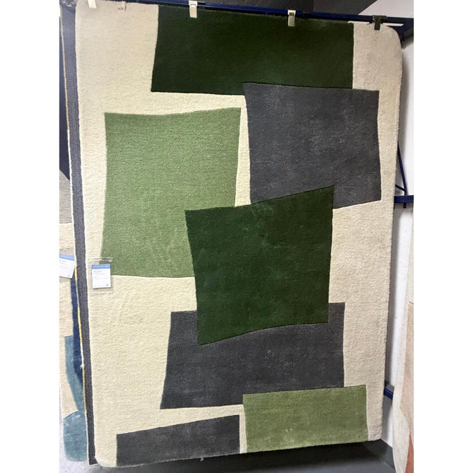 Romy 12 Papercut Modern Overlapping Rectangles Hand-Woven Soft Wool-Feel Eco Fibre Green/Grey/Ivory Rug