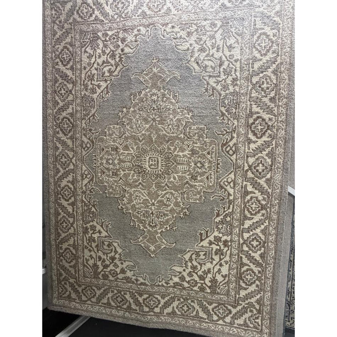 Bronte Traditional Persian Medallion Bordered Hand-Woven Textured Fine Wool Loop Pile Low Profile Short Pile Smoke Grey/Dark Beige/Taupe/Cream Rug