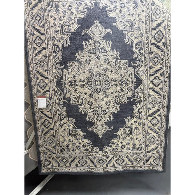 Bronte Traditional Persian Medallion Bordered Hand-Woven Textured Fine Wool Loop Pile Low Profile Short Pile Shadow Dark Grey/Beige/Cream Rug