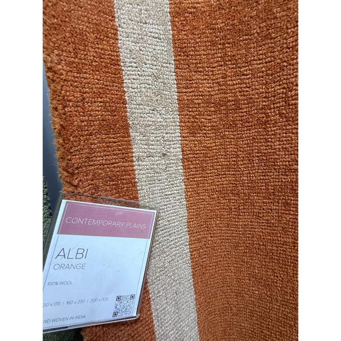 Albi Modern Plain Border Tonal Distressed Hand-Woven Textured Wool Low Profile Tip Sheared Short Pile Orange Runner